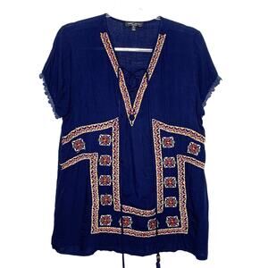 ROMEO & JULIET COUTURE Embroidered Blouse Lace Trim Front Lace Up Blue Size M